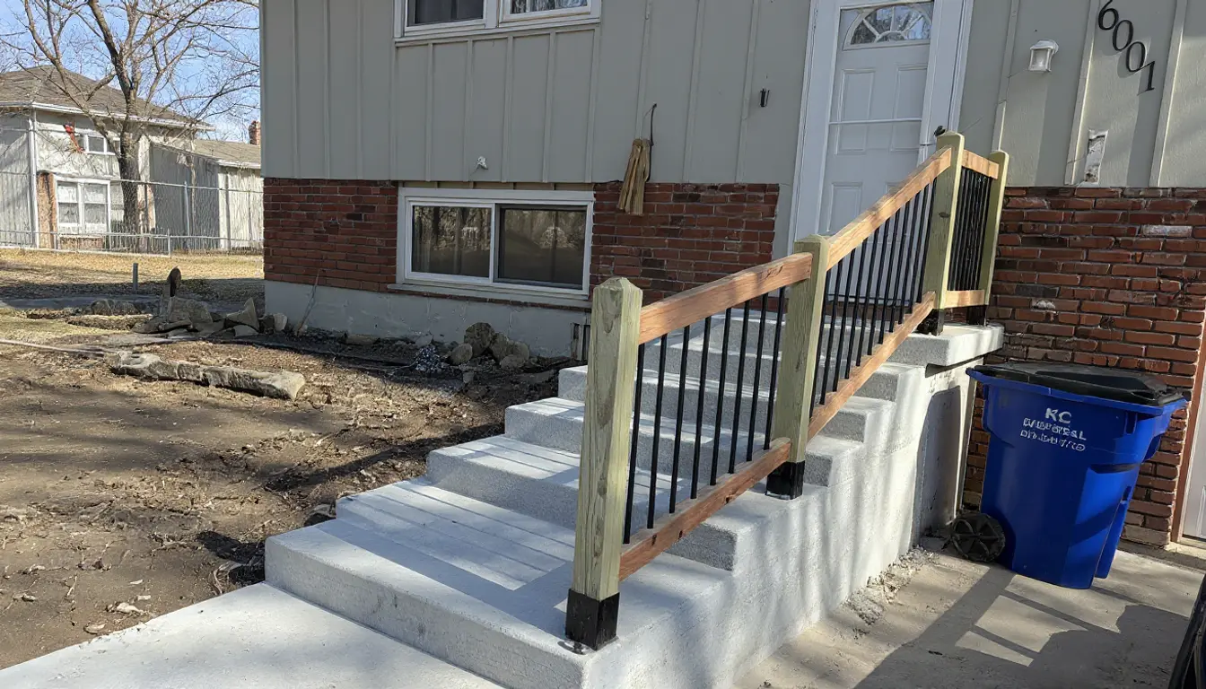 Cracked and settled concrete driveway marked for replacement in the east Kansas City metro — freeze-thaw damage and slab settlement